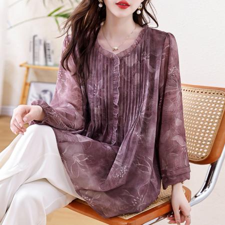 FA46804# 大码女装胖MM长袖压褶雪纺衫春秋新款宽松显瘦洋气百搭上衣 服裝批發女裝批發服飾貨源