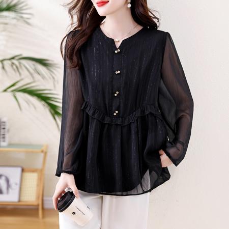 FA46805# 春秋新款胖妹妹V领木耳边加肥加大气质显瘦遮肚减龄雪纺上衣 服裝批發女裝批發服飾貨源