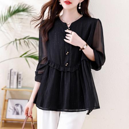 FA46805# 春秋新款胖妹妹V领木耳边加肥加大气质显瘦遮肚减龄雪纺上衣 服裝批發女裝批發服飾貨源