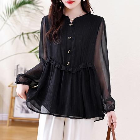 FA46805# 春秋新款胖妹妹V领木耳边加肥加大气质显瘦遮肚减龄雪纺上衣 服裝批發女裝批發服飾貨源