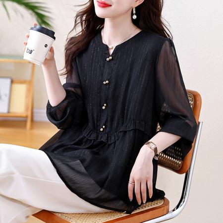 FA46805# 春秋新款胖妹妹V领木耳边加肥加大气质显瘦遮肚减龄雪纺上衣 服裝批發女裝批發服飾貨源