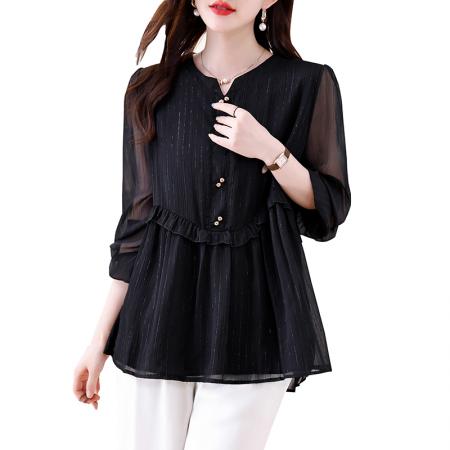 FA46805# 春秋新款胖妹妹V领木耳边加肥加大气质显瘦遮肚减龄雪纺上衣 服裝批發女裝批發服飾貨源