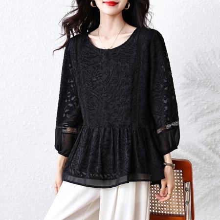FA46806# 秋季新款大码女装蕾丝提花长袖时尚宽松显瘦遮肉气质减龄上衣 服裝批發女裝批發服飾貨源