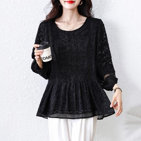 FA46806# 秋季新款大码女装蕾丝提花长袖时尚宽松显瘦遮肉气质减龄上衣 服裝批發女裝批發服飾貨源