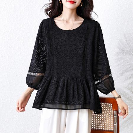 FA46806# 秋季新款大码女装蕾丝提花长袖时尚宽松显瘦遮肉气质减龄上衣 服裝批發女裝批發服飾貨源