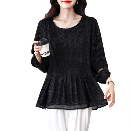 FA46806# 秋季新款大码女装蕾丝提花长袖时尚宽松显瘦遮肉气质减龄上衣 服裝批發女裝批發服飾貨源