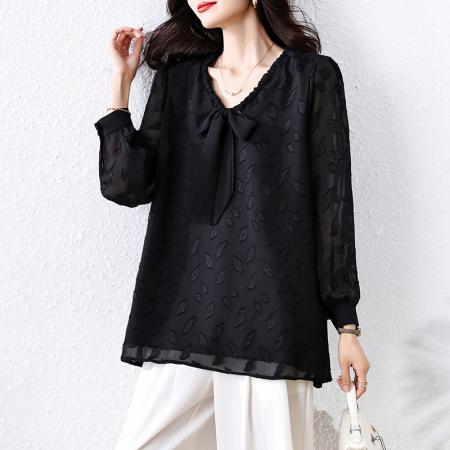 FA46807# 秋季新款大码女装V领提花长袖衬衫胖MM遮肉显瘦减龄百搭上衣 服裝批發女裝批發服飾貨源
