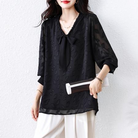 FA46807# 秋季新款大码女装V领提花长袖衬衫胖MM遮肉显瘦减龄百搭上衣 服裝批發女裝批發服飾貨源