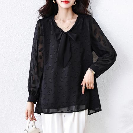 FA46807# 秋季新款大码女装V领提花长袖衬衫胖MM遮肉显瘦减龄百搭上衣 服裝批發女裝批發服飾貨源