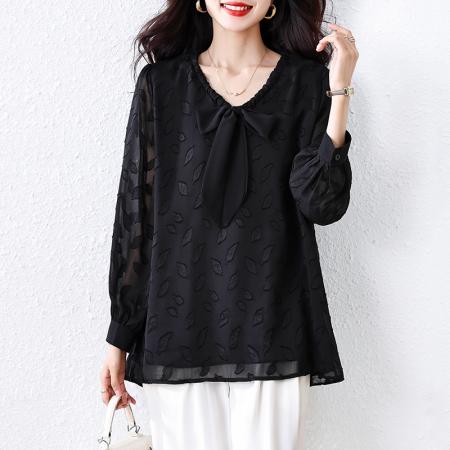 FA46807# 秋季新款大码女装V领提花长袖衬衫胖MM遮肉显瘦减龄百搭上衣 服裝批發女裝批發服飾貨源