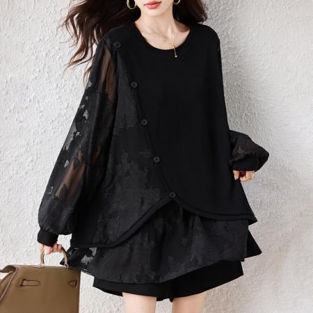 FA46813# 大码显瘦遮肚子高级感减龄宽松显瘦打底衫拼接假两件女 服裝批發女裝批發服飾貨源