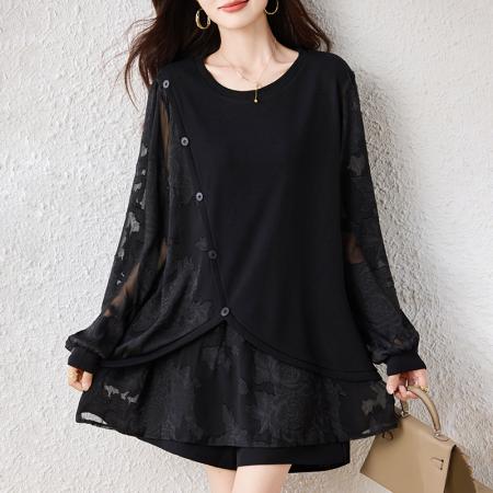 FA46813# 大码显瘦遮肚子高级感减龄宽松显瘦打底衫拼接假两件女 服裝批發女裝批發服飾貨源