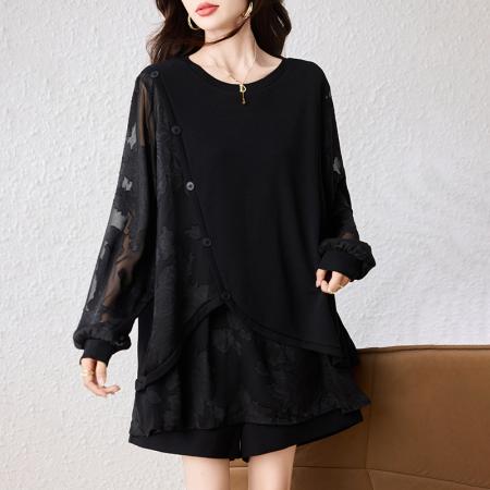 FA46813# 大码显瘦遮肚子高级感减龄宽松显瘦打底衫拼接假两件女 服裝批發女裝批發服飾貨源