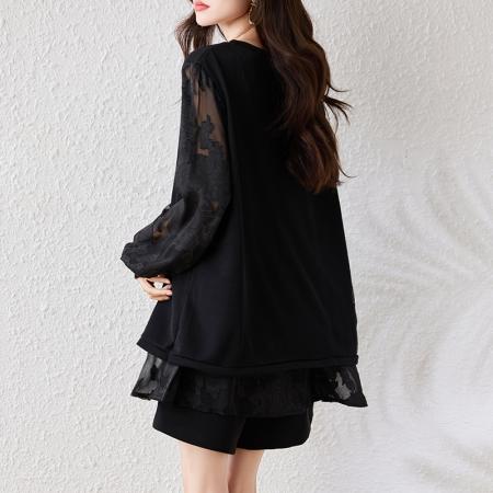 FA46813# 大码显瘦遮肚子高级感减龄宽松显瘦打底衫拼接假两件女 服裝批發女裝批發服飾貨源