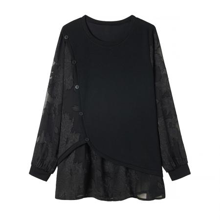 FA46813# 大码显瘦遮肚子高级感减龄宽松显瘦打底衫拼接假两件女 服裝批發女裝批發服飾貨源