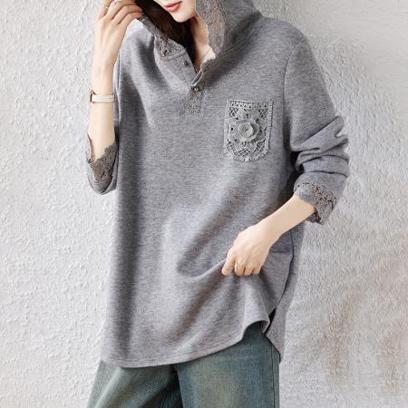 FA46814# 胖MM连帽蕾丝拼接针织衫秋季洋气百搭时尚减龄休闲内搭女 服裝批發女裝批發服飾貨源