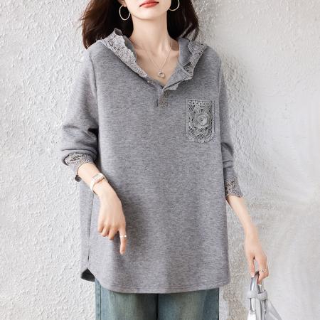 FA46814# 胖MM连帽蕾丝拼接针织衫秋季洋气百搭时尚减龄休闲内搭女 服裝批發女裝批發服飾貨源