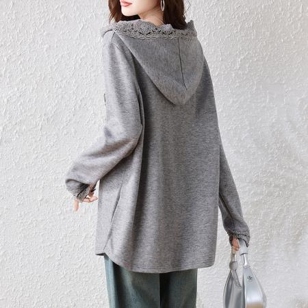 FA46814# 胖MM连帽蕾丝拼接针织衫秋季洋气百搭时尚减龄休闲内搭女 服裝批發女裝批發服飾貨源