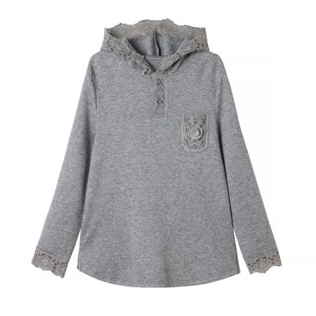 FA46814# 胖MM连帽蕾丝拼接针织衫秋季洋气百搭时尚减龄休闲内搭女 服裝批發女裝批發服飾貨源