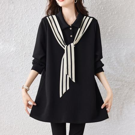 FA46815# 黑色条纹卫衣女秋季新款宽松中长款上衣大码欧洲站女装 服裝批發女裝批發服飾貨源