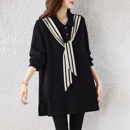FA46815# 黑色条纹卫衣女秋季新款宽松中长款上衣大码欧洲站女装 服裝批發女裝批發服飾貨源