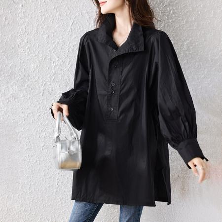 FA46816# 秋季时大码时尚立领衬衫显瘦气质长袖休闲百搭宽松上衣 服裝批發女裝批發服飾貨源