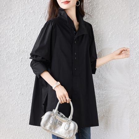 FA46816# 秋季时大码时尚立领衬衫显瘦气质长袖休闲百搭宽松上衣 服裝批發女裝批發服飾貨源