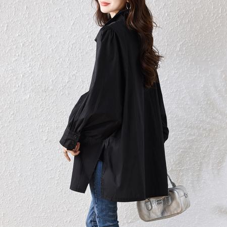 FA46816# 秋季时大码时尚立领衬衫显瘦气质长袖休闲百搭宽松上衣 服裝批發女裝批發服飾貨源