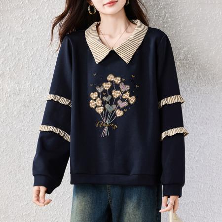 FA46817# 新款秋冬高级感女拼接重工爱心大码显瘦减龄长袖加厚卫衣 服裝批發女裝批發服飾貨源