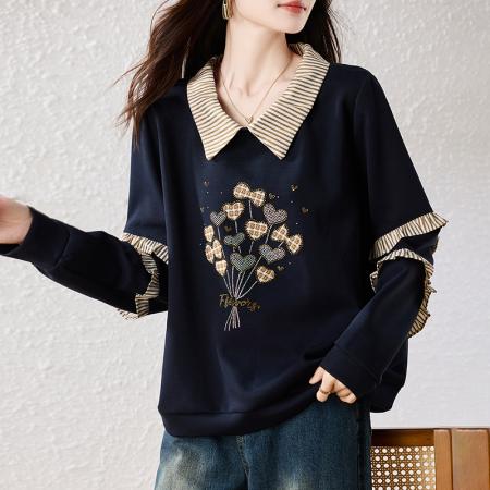 FA46817# 新款秋冬高级感女拼接重工爱心大码显瘦减龄长袖加厚卫衣 服裝批發女裝批發服飾貨源