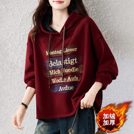 FA46818# 秋冬胖MM韩版复古宽松拼色前后印花加绒加厚洋气百搭卫衣 服裝批發女裝批發服飾貨源