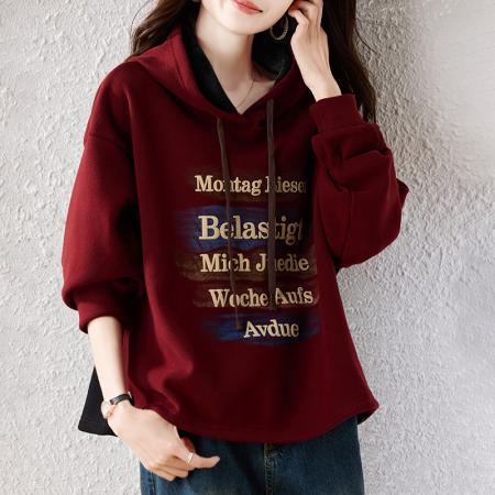 FA46818# 秋冬胖MM韩版复古宽松拼色前后印花加绒加厚洋气百搭卫衣 服裝批發女裝批發服飾貨源