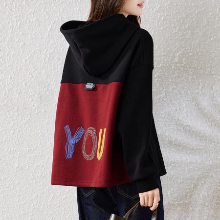 FA46818# 秋冬胖MM韩版复古宽松拼色前后印花加绒加厚洋气百搭卫衣 服裝批發女裝批發服飾貨源