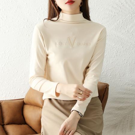 FA46819# 冬季德绒加厚发热刺绣字母打底衫女上衣保暖长袖加绒t恤 服裝批發女裝批發服飾貨源