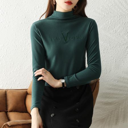 FA46819# 冬季德绒加厚发热刺绣字母打底衫女上衣保暖长袖加绒t恤 服裝批發女裝批發服飾貨源