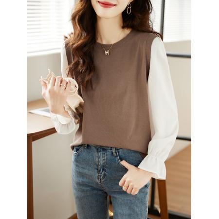 FA46822# 假两件长袖雪纺衬衫女秋装秋季新款气质针织打底衫上衣内搭 服裝批發女裝批發服飾貨源