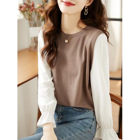 FA46822# 假两件长袖雪纺衬衫女秋装秋季新款气质针织打底衫上衣内搭 服裝批發女裝批發服飾貨源