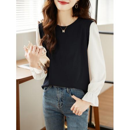 FA46822# 假两件长袖雪纺衬衫女秋装秋季新款气质针织打底衫上衣内搭 服裝批發女裝批發服飾貨源