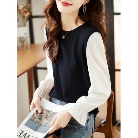 FA46822# 假两件长袖雪纺衬衫女秋装秋季新款气质针织打底衫上衣内搭 服裝批發女裝批發服飾貨源