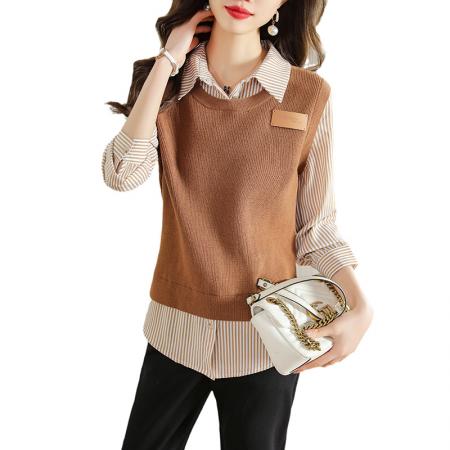 FA46823# 美拉德针织拼接假两件衬衫女秋季新款优雅时尚通勤上衣 服裝批發女裝批發服飾貨源