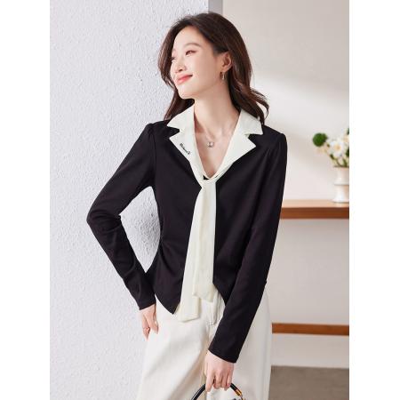 FA46825# 大码女装胖mm法式优雅v领黑色上衣秋新款显瘦百搭减龄长袖T恤 服裝批發女裝批發服飾貨源