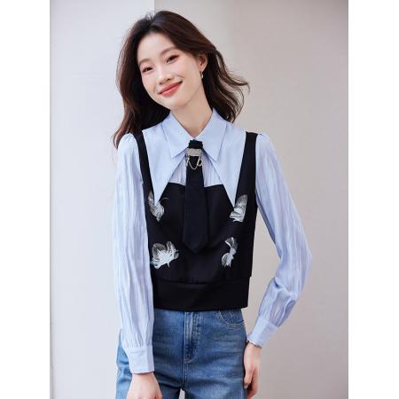 FA46826# 设计感小众法式拼接上衣女春季新款洋气假两件气质衬衫 服裝批發女裝批發服飾貨源