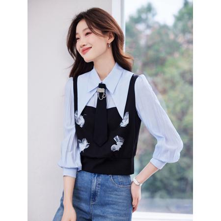 FA46826# 设计感小众法式拼接上衣女春季新款洋气假两件气质衬衫 服裝批發女裝批發服飾貨源