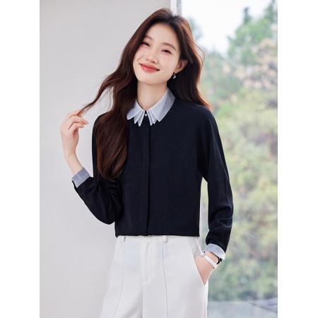 FA46828# 秋季新款设计感小众通勤叠领拼色修身薄款长袖衬衫女 服裝批發女裝批發服飾貨源