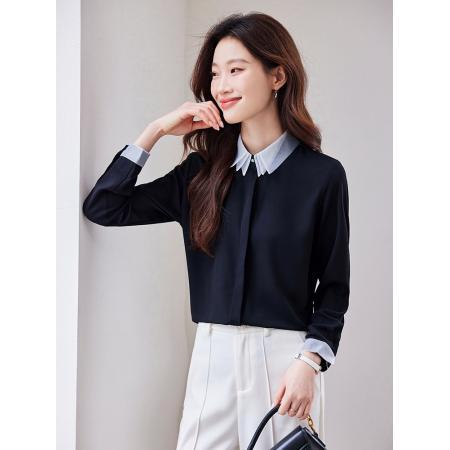 FA46828# 秋季新款设计感小众通勤叠领拼色修身薄款长袖衬衫女 服裝批發女裝批發服飾貨源
