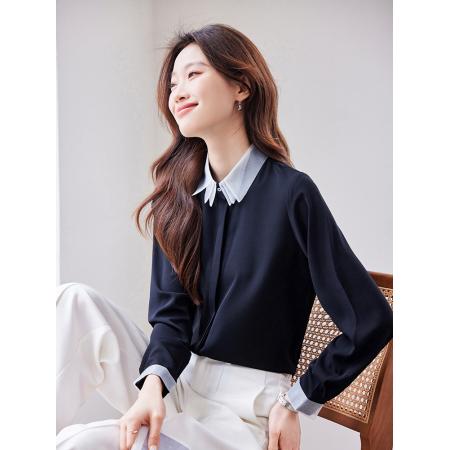 FA46828# 秋季新款设计感小众通勤叠领拼色修身薄款长袖衬衫女 服裝批發女裝批發服飾貨源