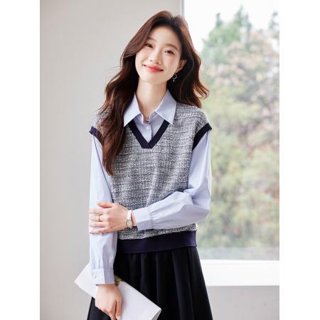 FA46829# 设计感拼接假两件衬衫女秋季新款宽松蓝衬衣 服裝批發女裝批發服飾貨源