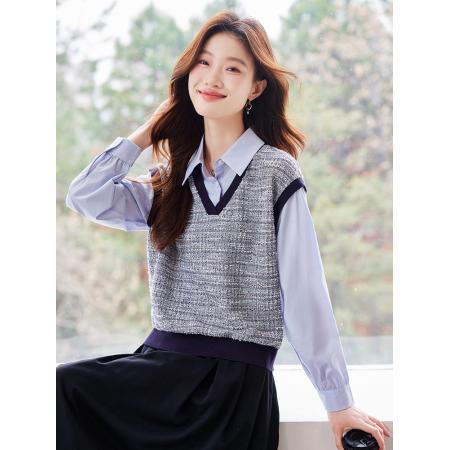 FA46829# 设计感拼接假两件衬衫女秋季新款宽松蓝衬衣 服裝批發女裝批發服飾貨源