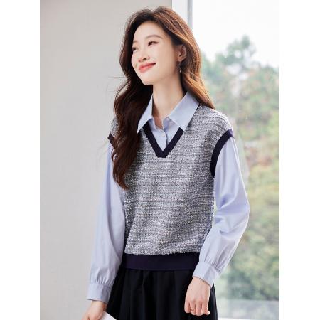 FA46829# 设计感拼接假两件衬衫女秋季新款宽松蓝衬衣 服裝批發女裝批發服飾貨源