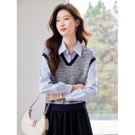 FA46829# 设计感拼接假两件衬衫女秋季新款宽松蓝衬衣 服裝批發女裝批發服飾貨源